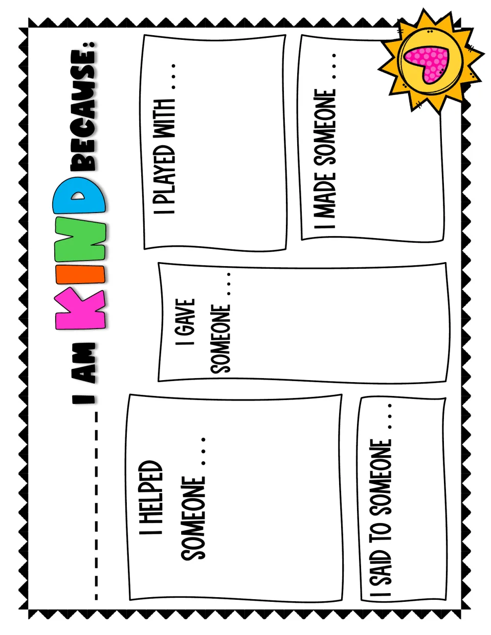 Color version of the “I am kind because” reflection sheet with five prompts about students’ kind actions