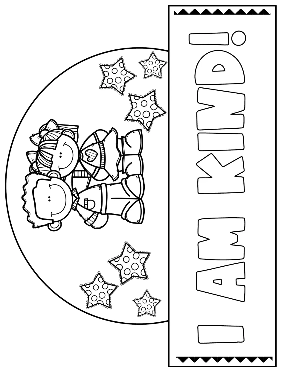 “I am kind!” crown front for the kindness craft, with two children pictured above the words for coloring