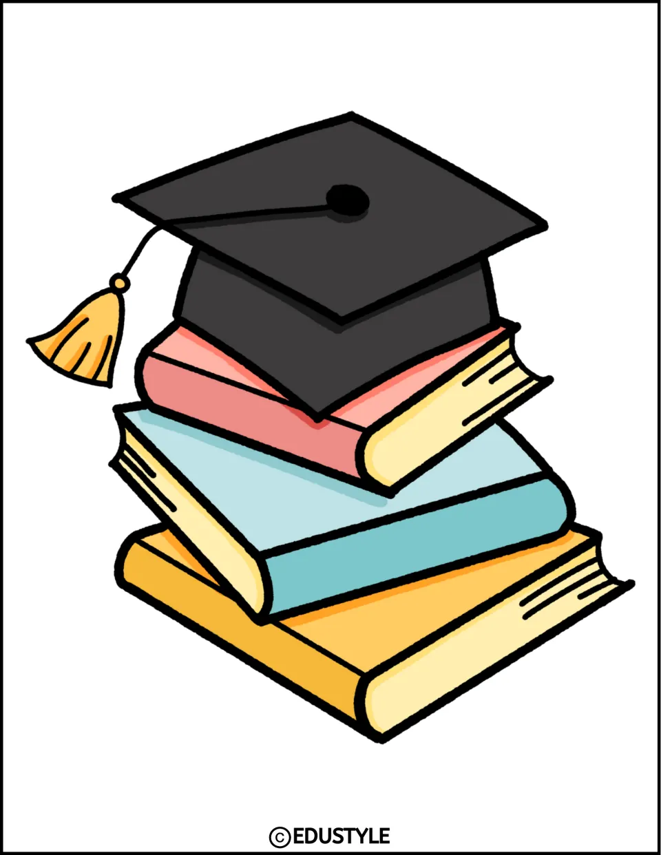 Graduation cap on a stack of pink, blue and yellow books with the gold tassel hanging left, a mirrored full-page cut-out