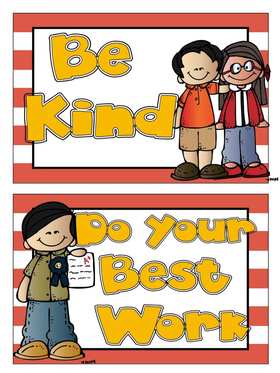 Two rule posters: Be Kind with two friends side by side, and Do Your Best Work with a boy holding an A+ paper and ribbon