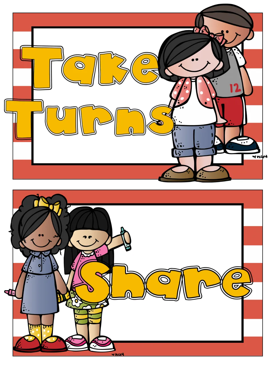 Two rule posters: Take Turns with a girl and boy standing in line, and Share with two girls holding crayons