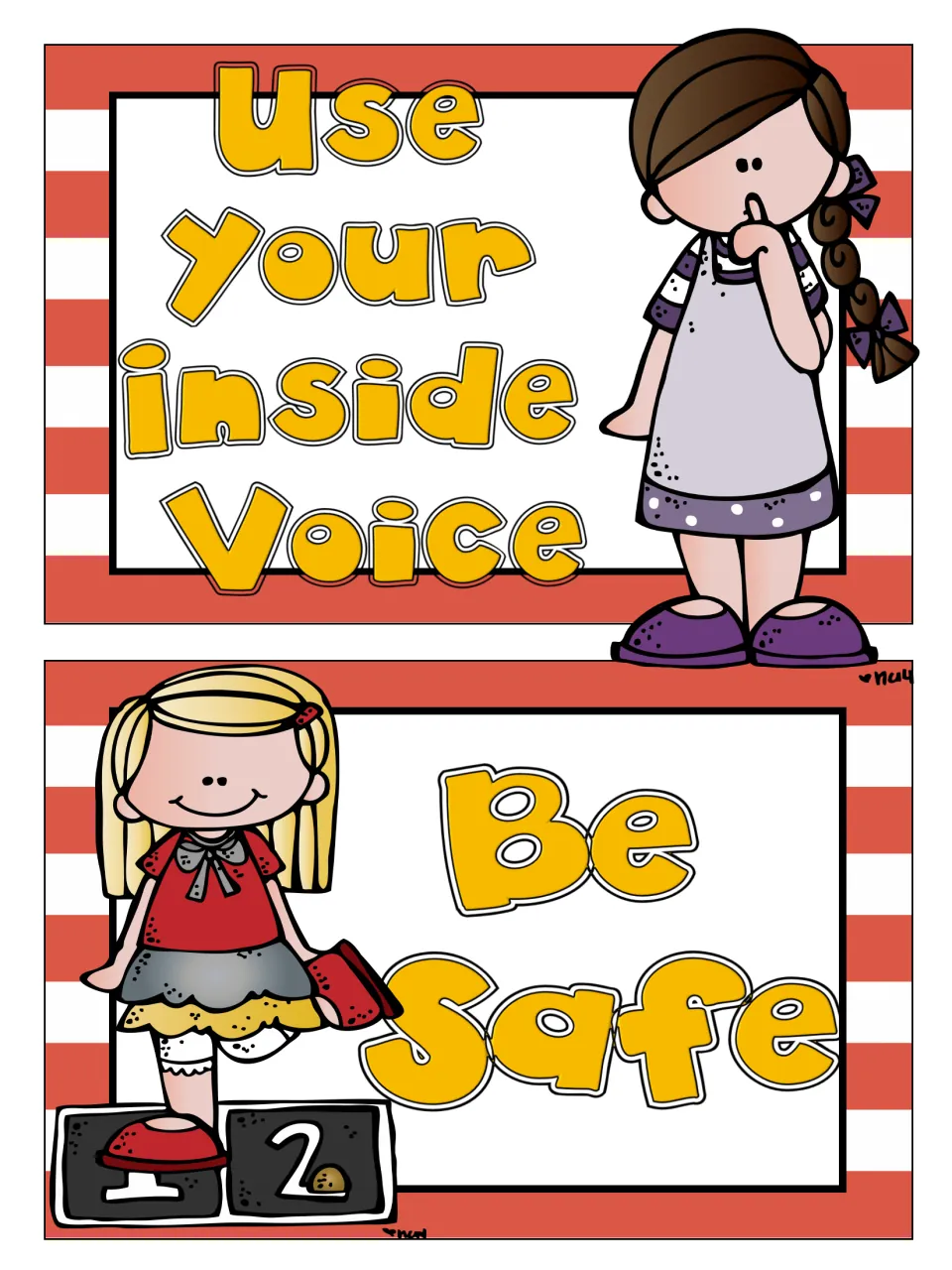 Two rule posters: Use Your Inside Voice with a girl shushing, and Be Safe with a girl stepping on a hopscotch path