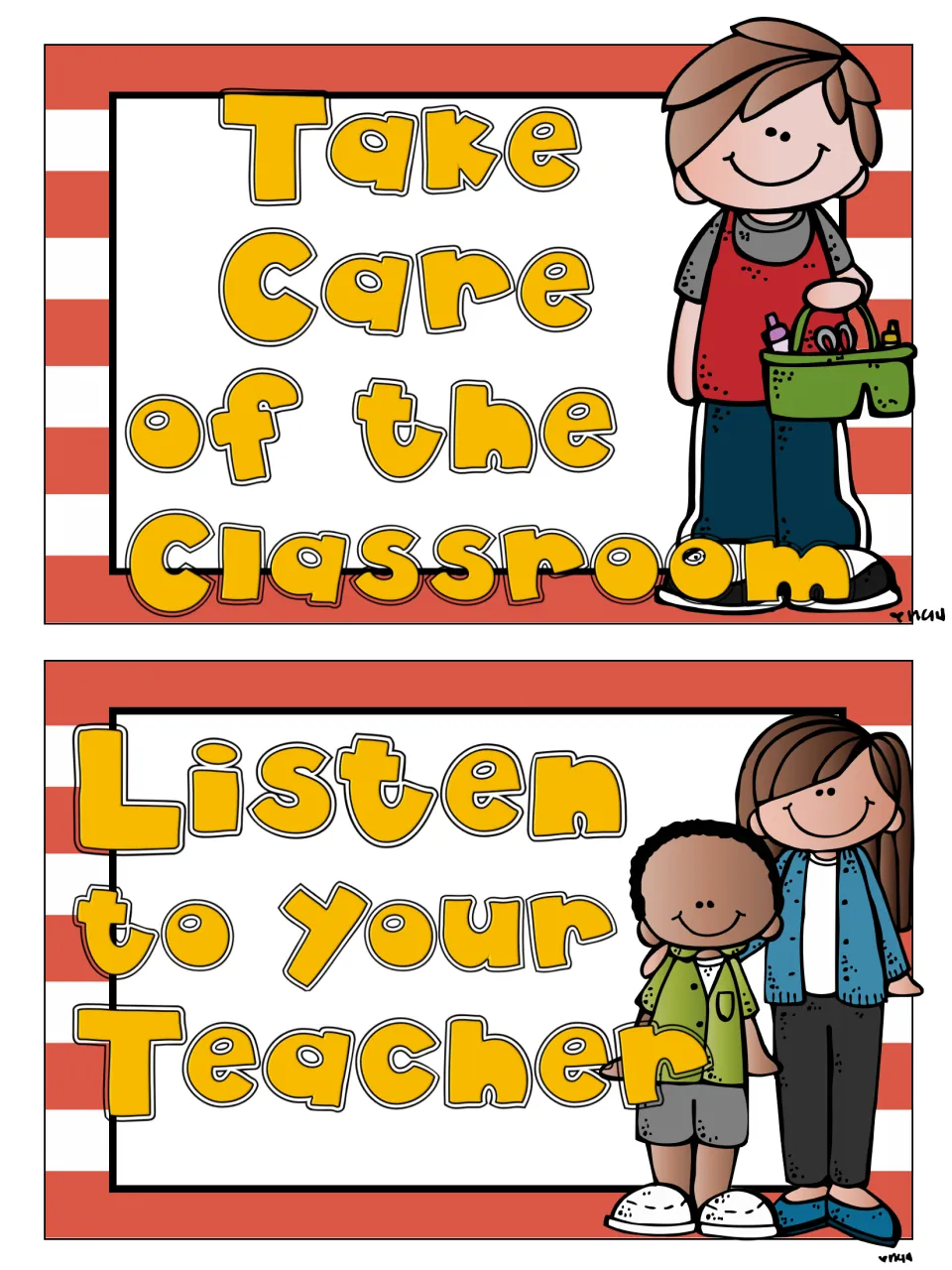 Two rule posters: Take Care of the Classroom with a boy holding a supply caddy, and Listen to Your Teacher with a teacher