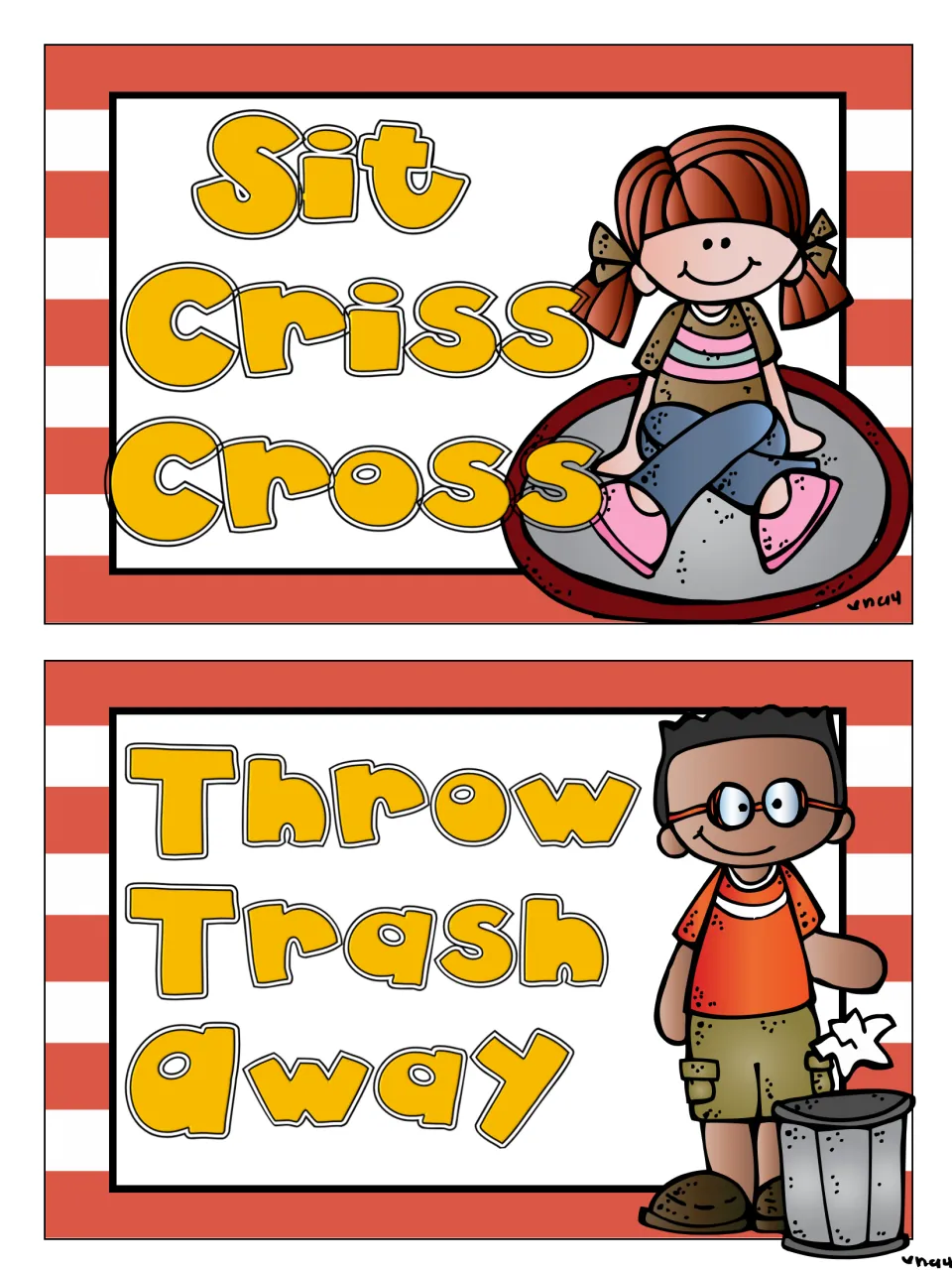 Two rule posters: Sit Criss Cross with a girl seated on a rug, and Throw Trash Away with a boy beside a trash can