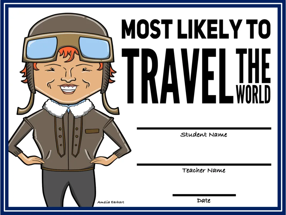 Most Likely to Travel the World award showing Amelia Earhart in flight goggles; fill in student, teacher and date