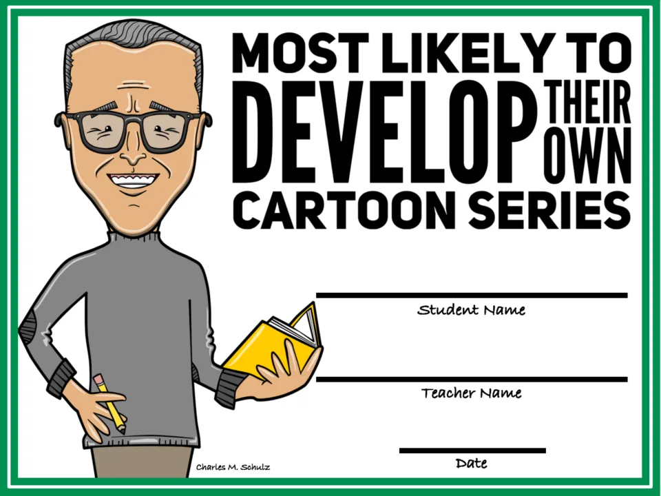 Most Likely to Develop Their Own Cartoon Series award showing Charles M. Schulz holding a yellow book and a pencil