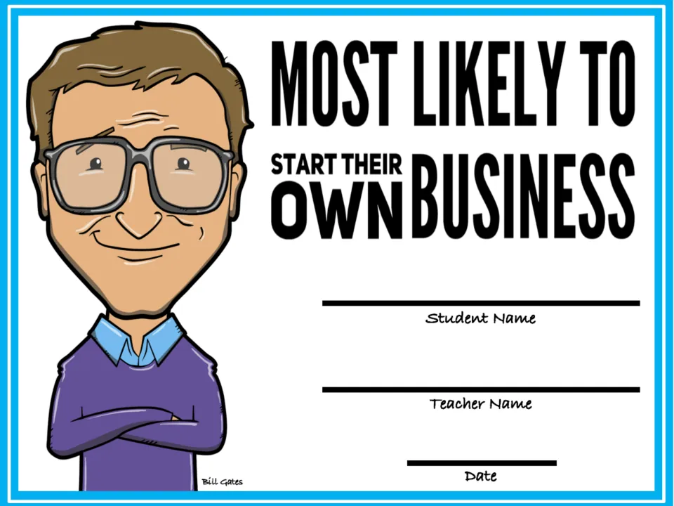 Most Likely to Start Their Own Business award with a Bill Gates cartoon in a purple sweater, arms crossed