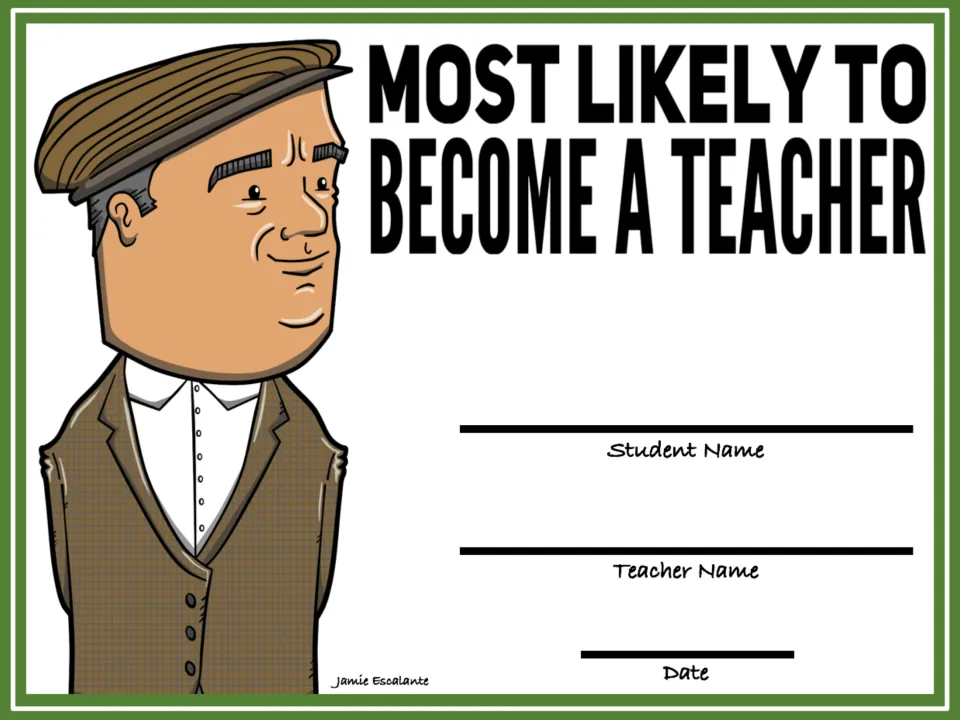 Most Likely to Become a Teacher award featuring a Jamie Escalante cartoon in a flat cap; names and date to fill in