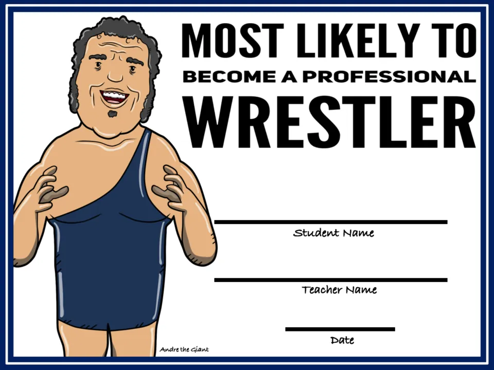 Most Likely to Become a Professional Wrestler award with an Andre the Giant cartoon in a blue singlet