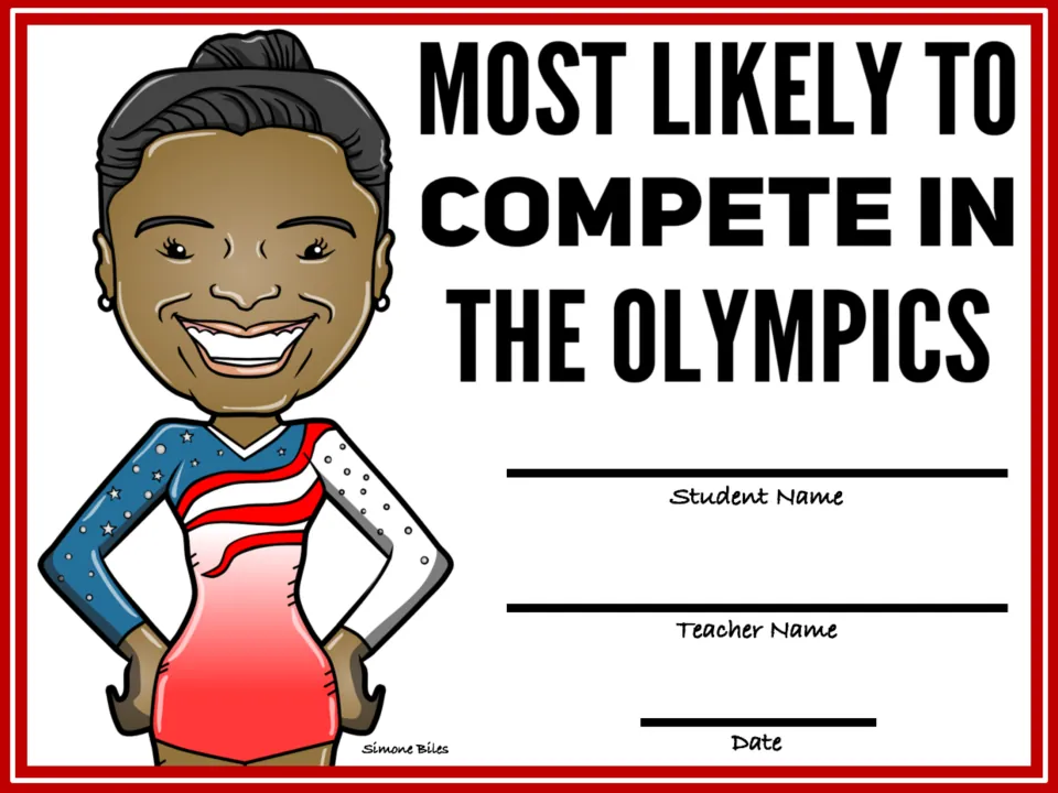 Most Likely to Compete in the Olympics award with a Simone Biles cartoon in a star-patterned leotard