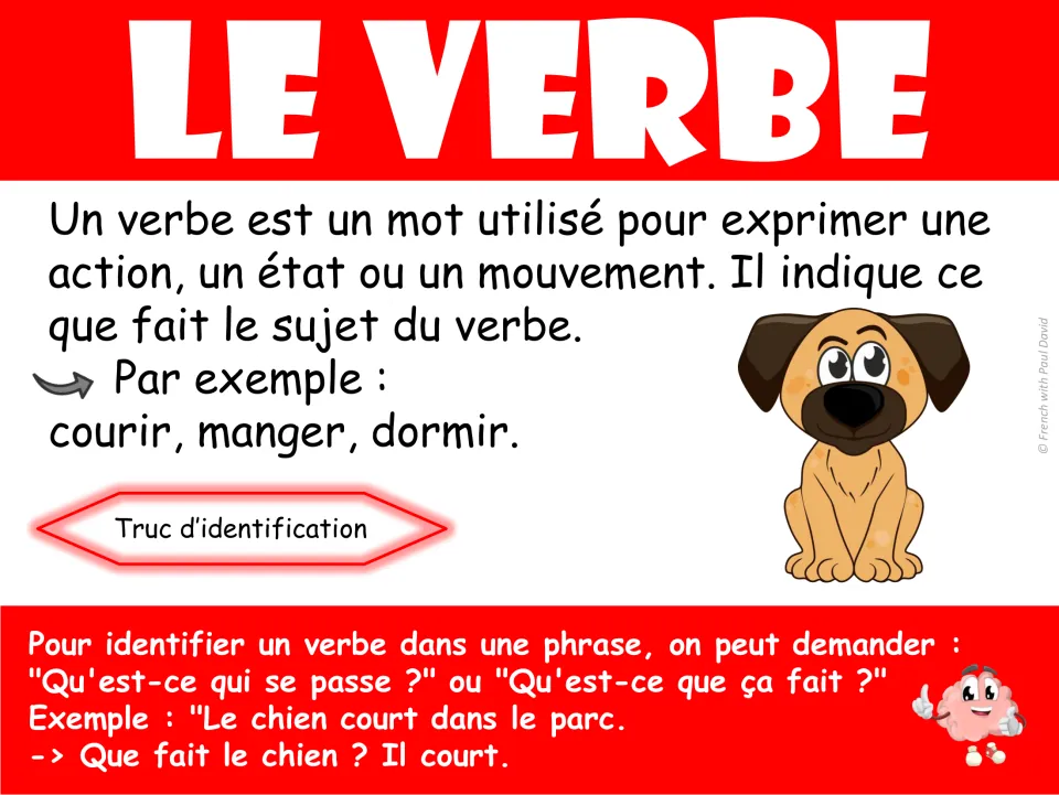 French verb poster: le verbe (verb), examples courir, manger, dormir, and identification using a dog sentence