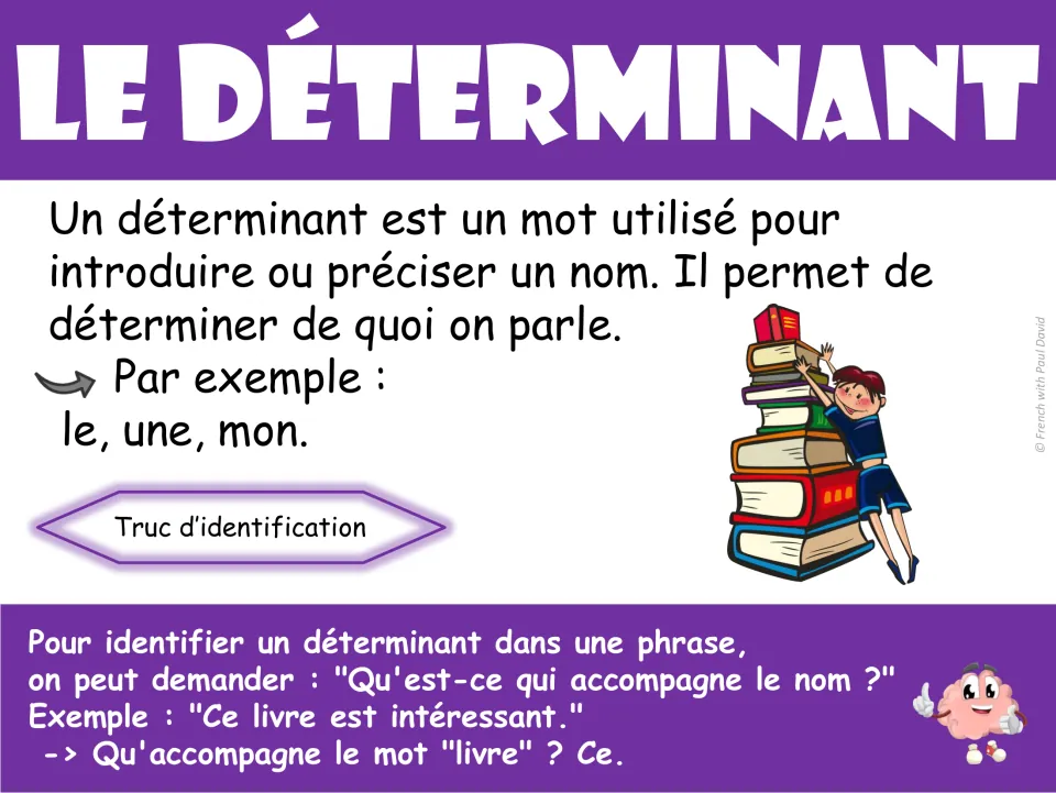 French determiner poster: le déterminant (determiner), examples le, une, mon, and an identification tip