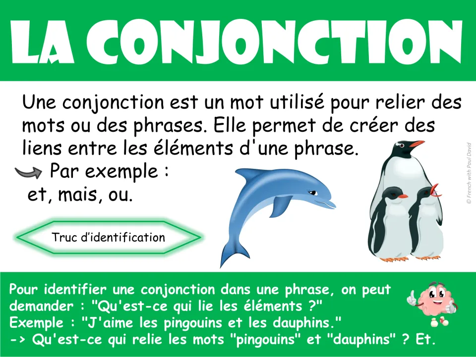 French conjunction poster: la conjonction (conjunction), examples et, mais, ou, and an identification tip