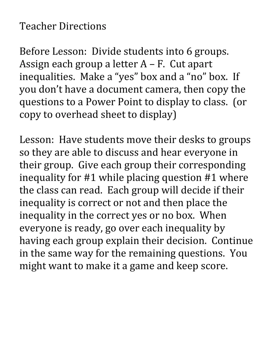 Teacher directions for a group inequality activity: six groups A-F sort cut-apart inequalities into yes and no boxes
