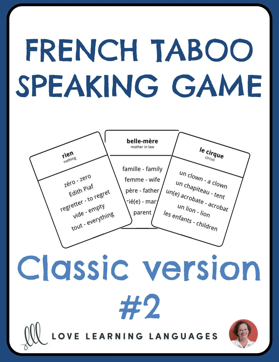 French Taboo speaking game cover, Classic version #2, with sample cards for rien, belle-mère and le cirque and clue words