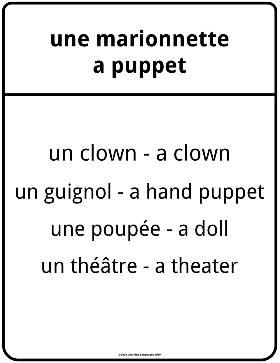 Taboo card for une marionnette (a puppet): describe it in French without saying clown, guignol, poupée or théâtre