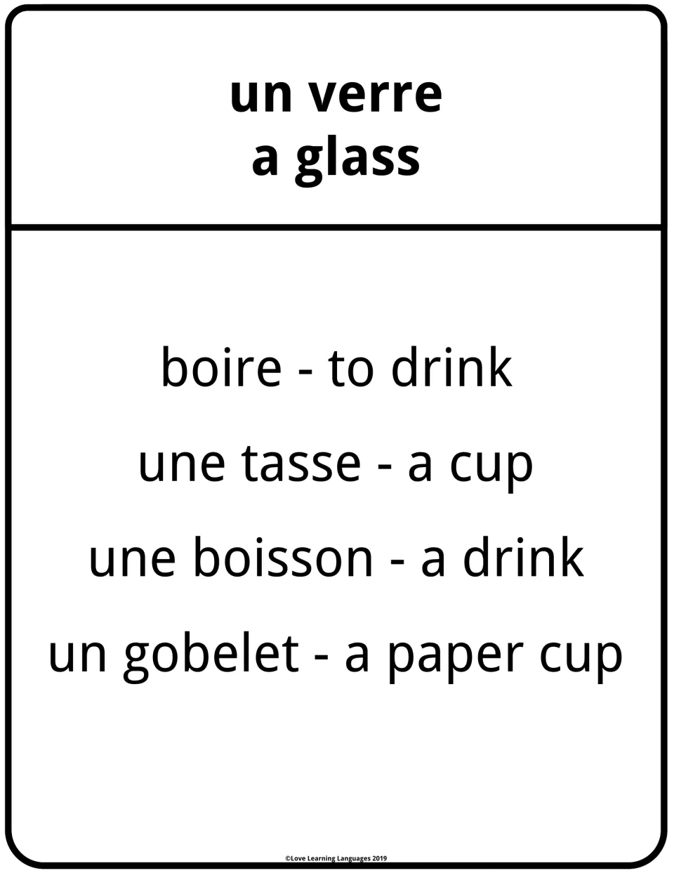 Taboo card for un verre (a glass): students give French clues while avoiding boire, tasse, boisson and gobelet