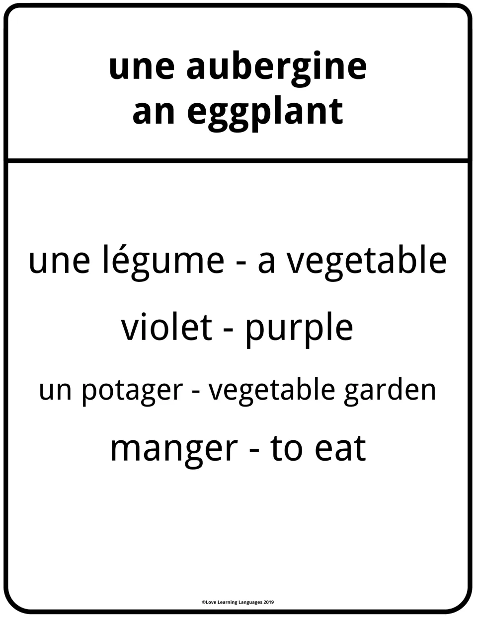 Taboo card for une aubergine (an eggplant): speakers must avoid légume, violet, potager and manger in their clues