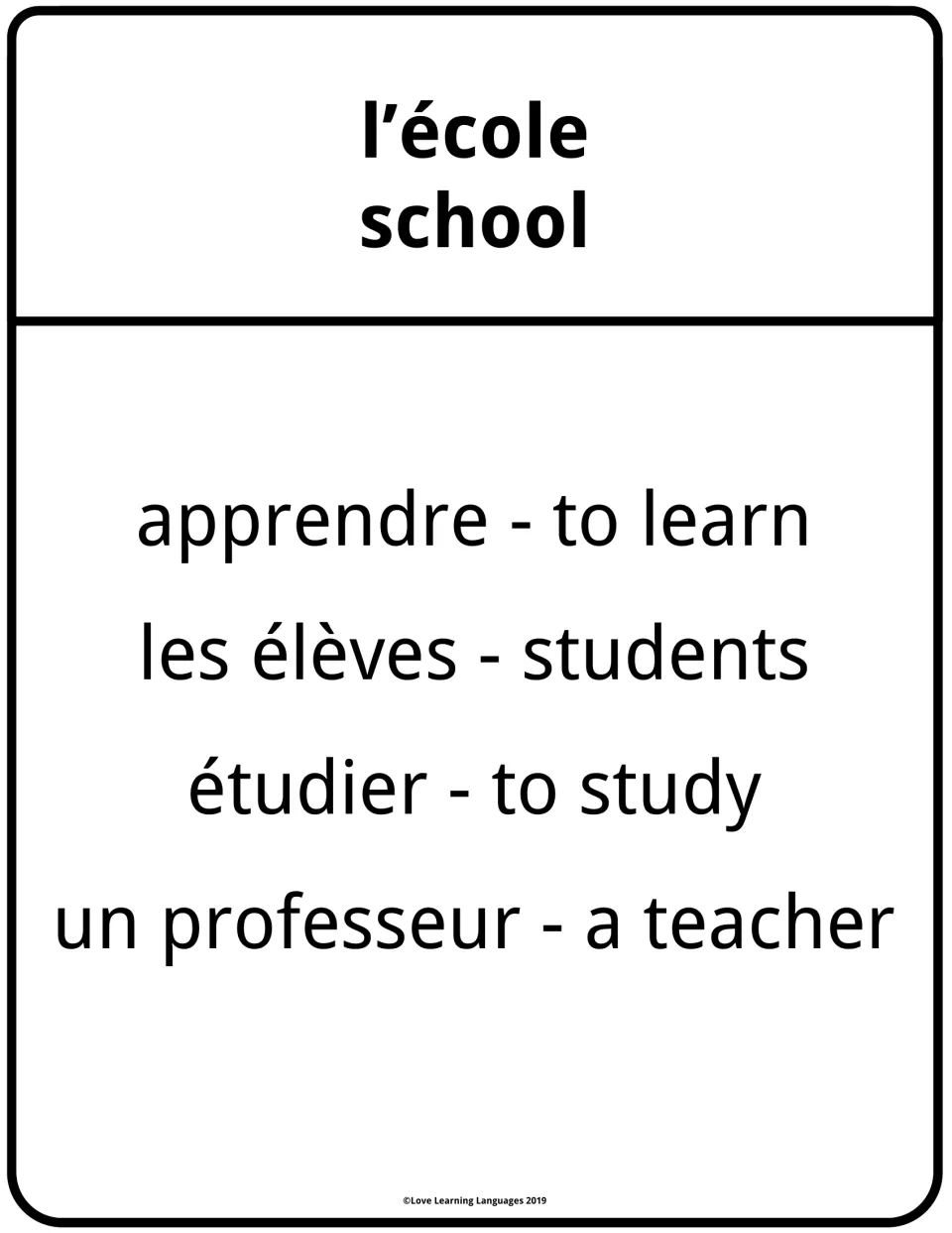 Taboo card for l'école (school): clue-givers cannot say apprendre, les élèves, étudier or un professeur