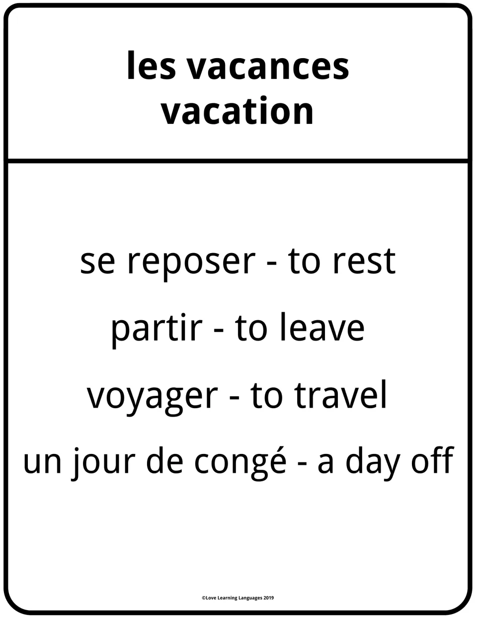 Taboo card for les vacances (vacation): French circumlocution avoiding se reposer, partir, voyager and jour de congé