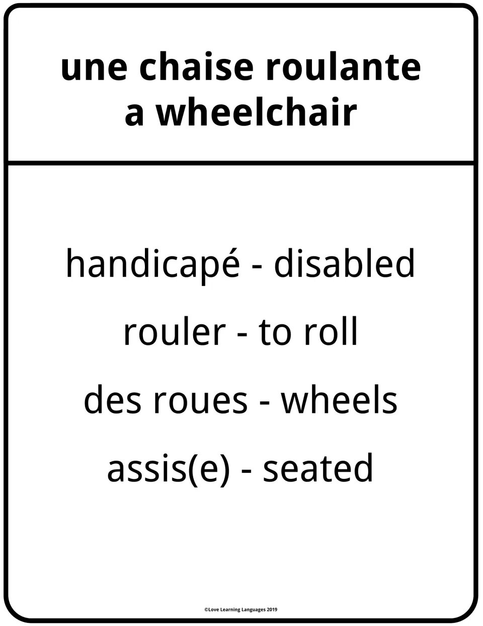 Taboo card for une chaise roulante (a wheelchair): forbidden words are handicapé, rouler, des roues and assis(e)