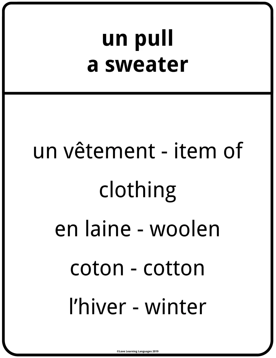 Taboo card for un pull (a sweater): students hint at it in French while avoiding vêtement, en laine, coton and hiver