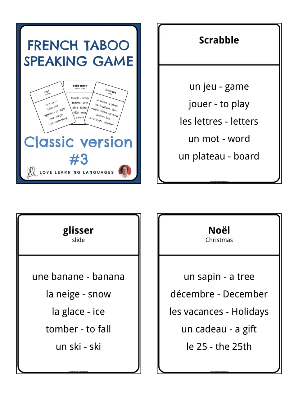 French taboo cards, classic #3: cover plus Scrabble, glisser and Noël cards, each listing five forbidden words