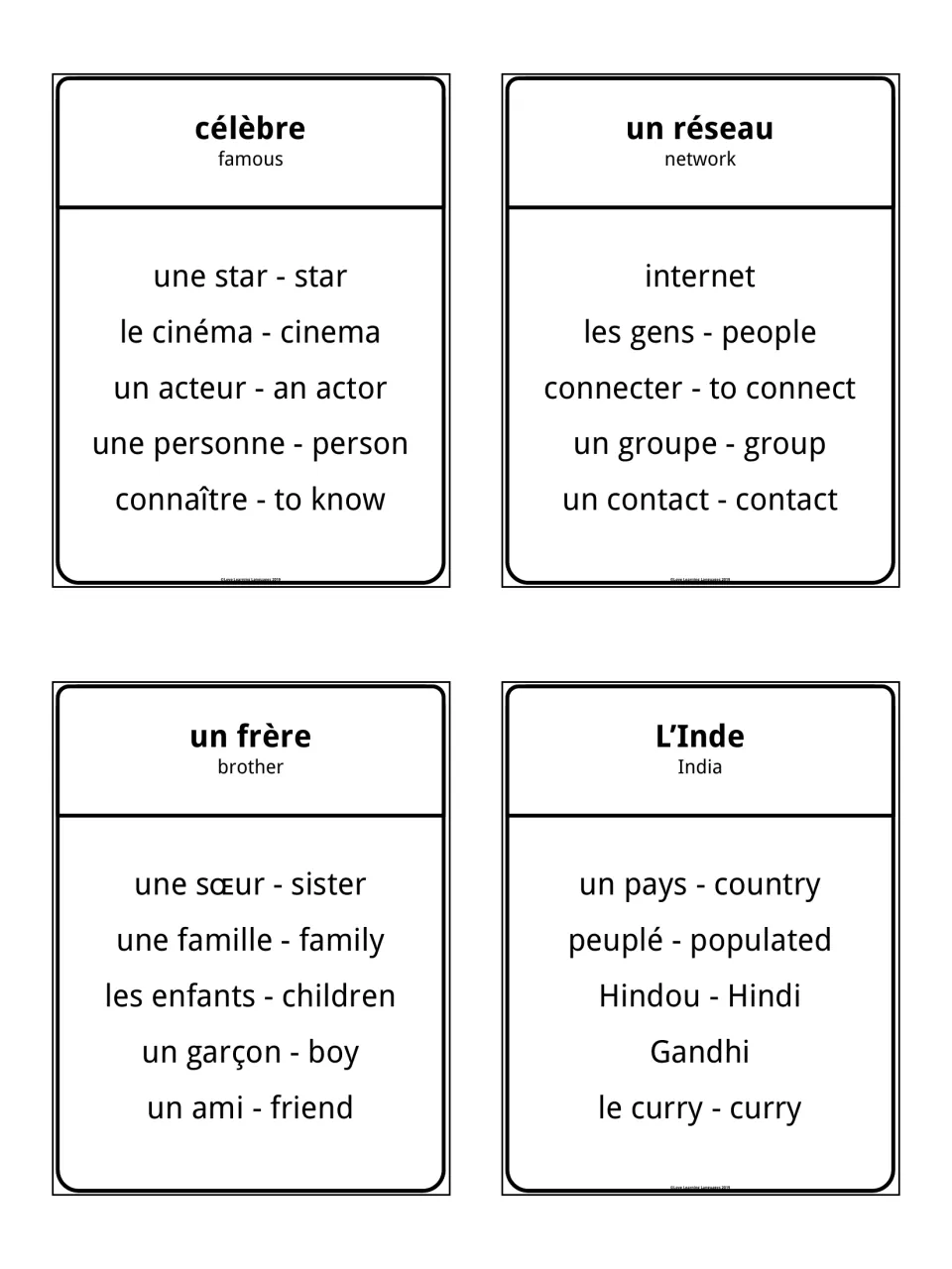 Taboo cards for célèbre, un réseau, un frère and L'Inde: students describe each word without its five banned words