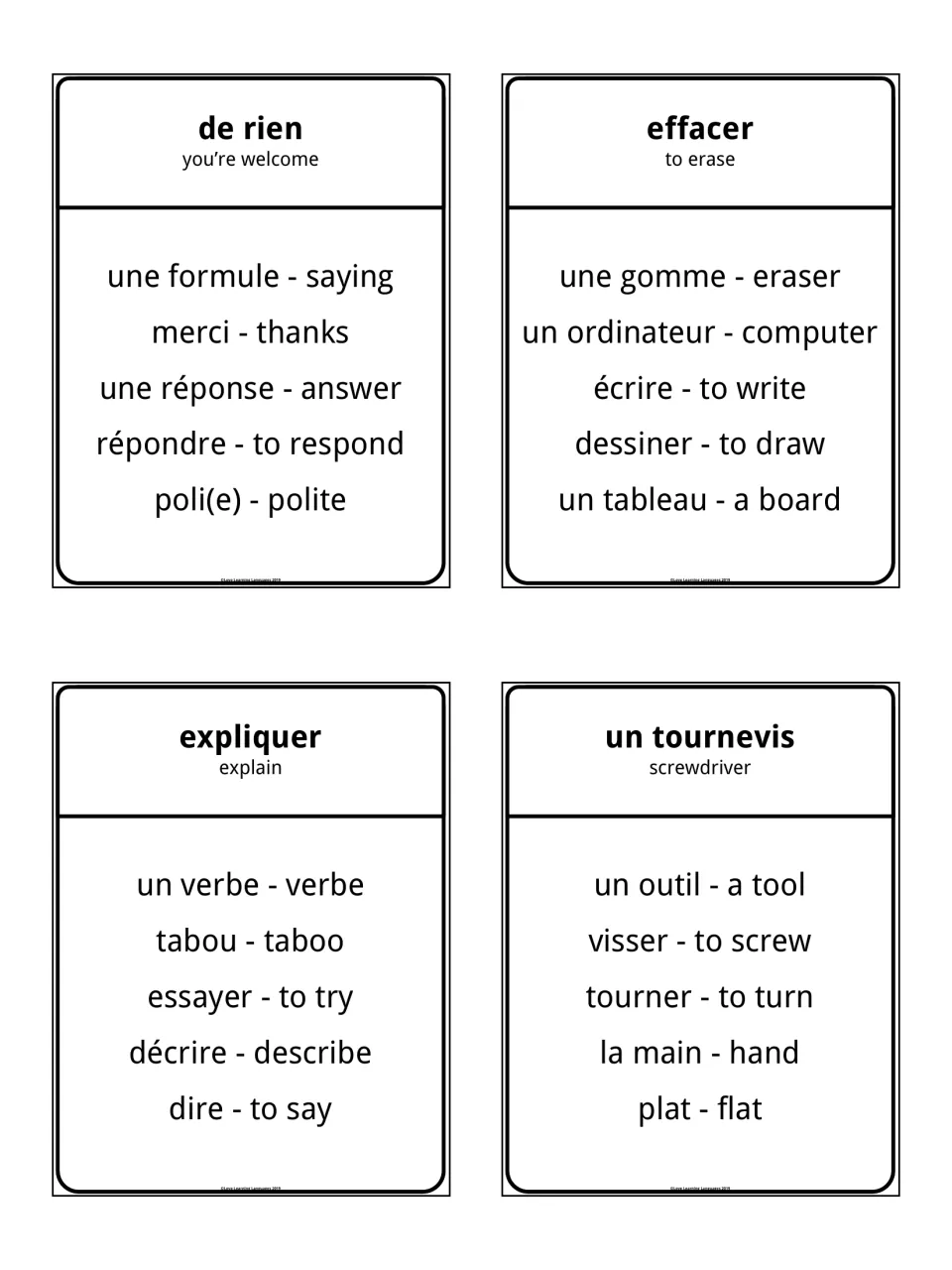 Taboo cards for de rien, effacer, expliquer and un tournevis, each with five French words players must not say