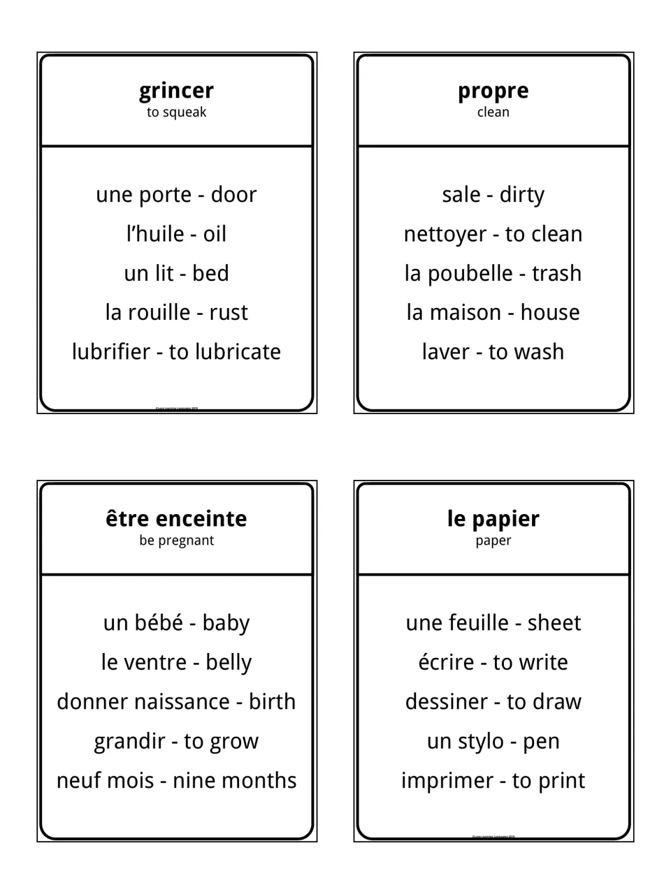 Taboo cards for grincer, propre, être enceinte and le papier: players give clues while avoiding five listed words
