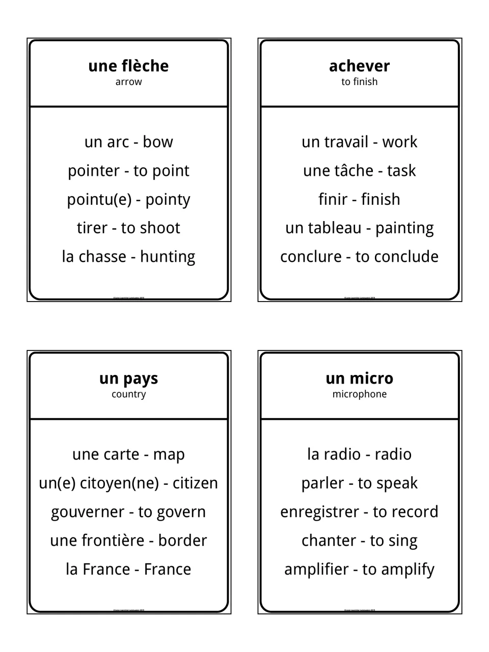 Taboo cards for une flèche, achever, un pays and un micro, each pairing a target word with five forbidden hints