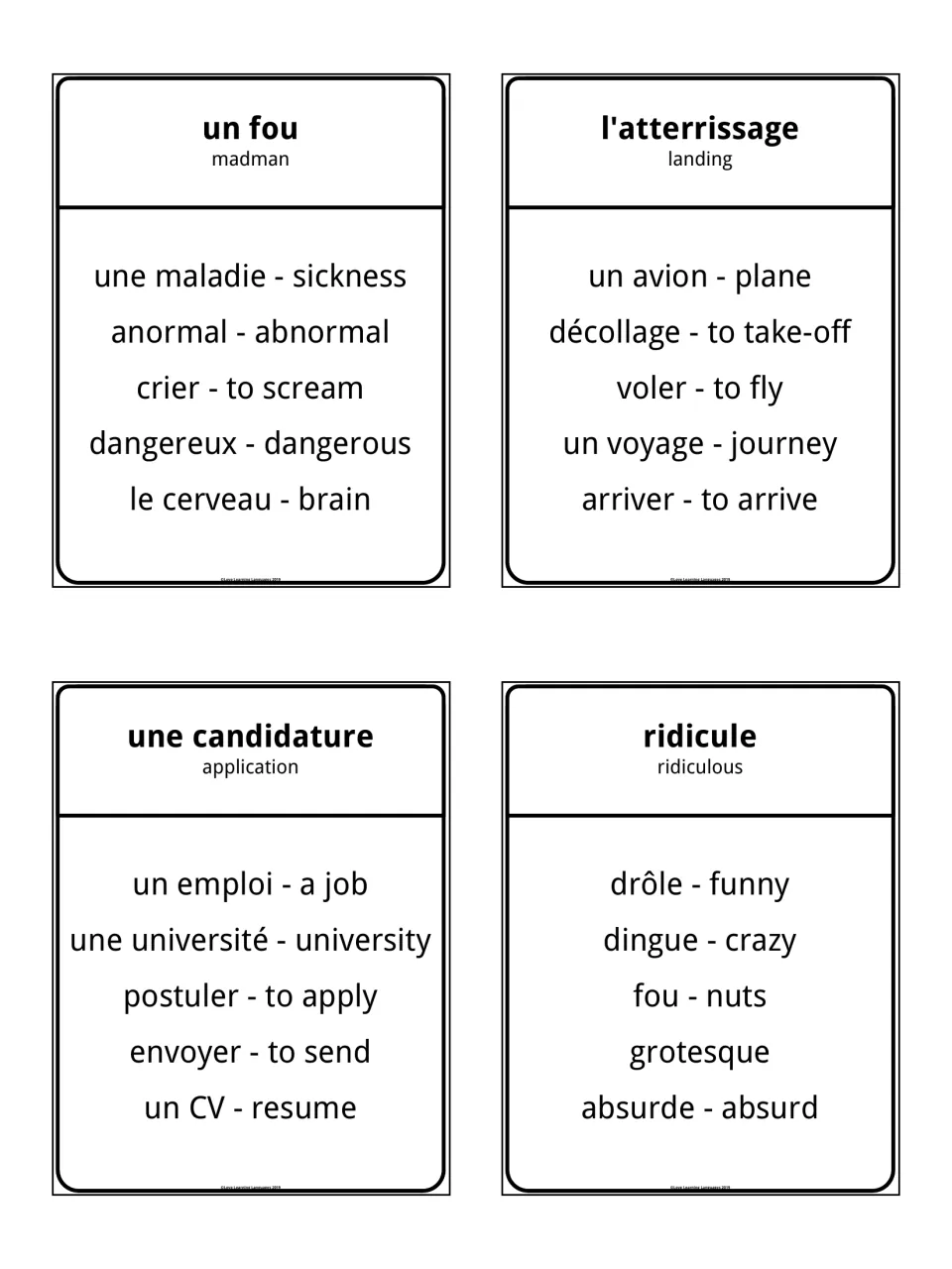 Taboo cards for un fou, l'atterrissage, une candidature and ridicule with five off-limits French words per card