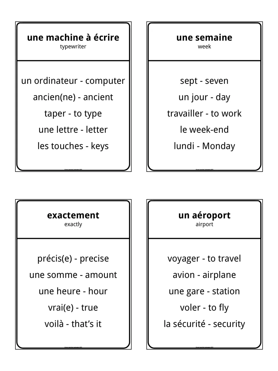 Taboo cards for une machine à écrire, une semaine, exactement and un aéroport, each with five words to avoid