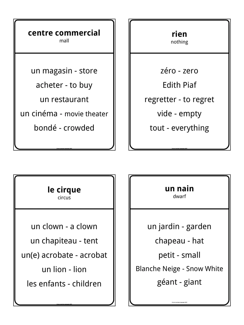 Taboo cards for centre commercial, rien, le cirque and un nain; players describe each without five taboo words