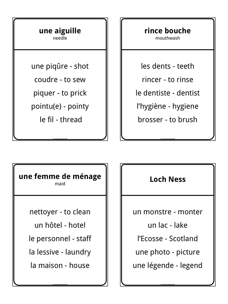 Taboo cards for une aiguille, rince bouche, une femme de ménage and Loch Ness, each listing five banned words