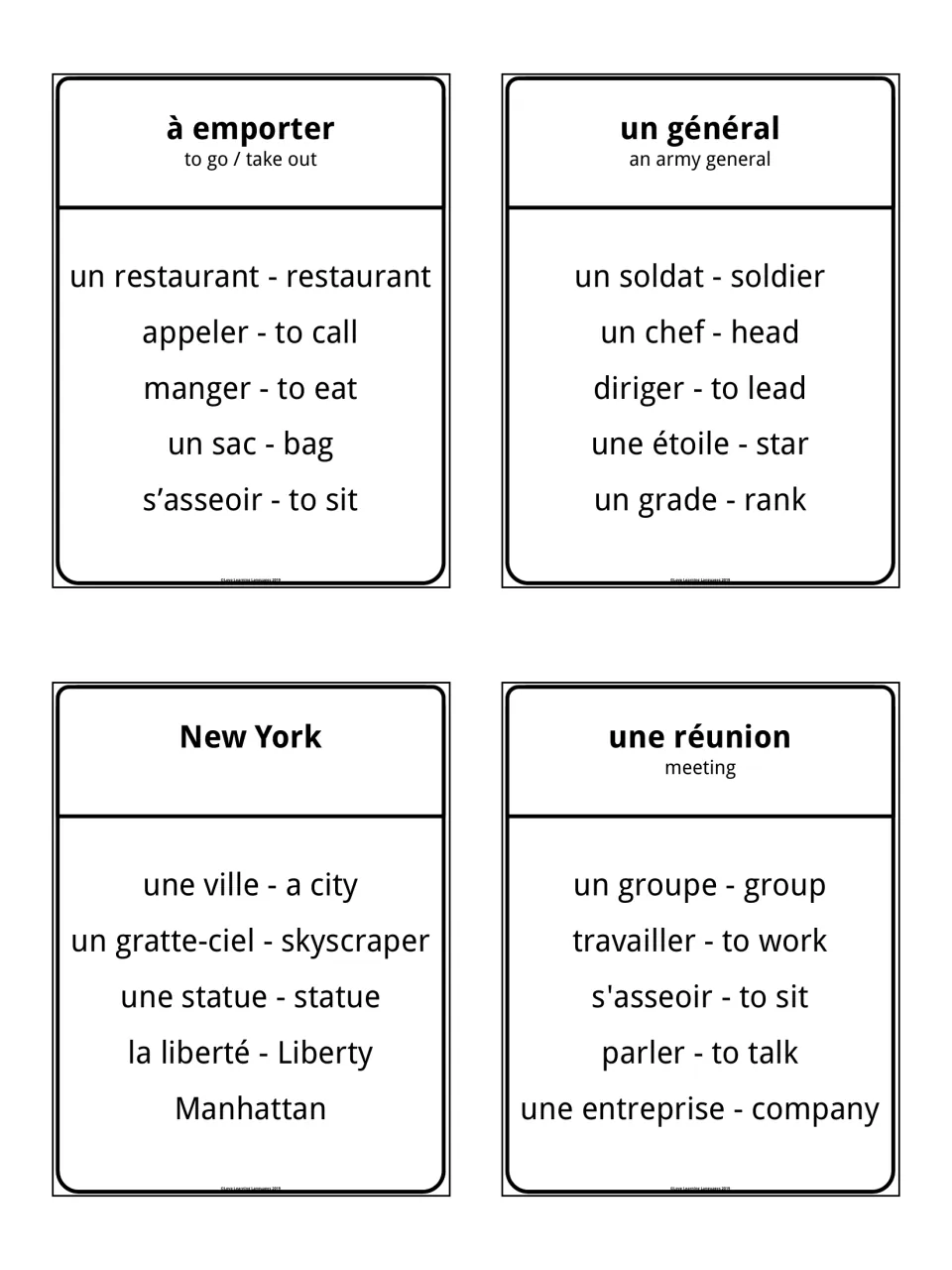 Taboo cards for à emporter, un général, New York and une réunion, with five forbidden French words on each card