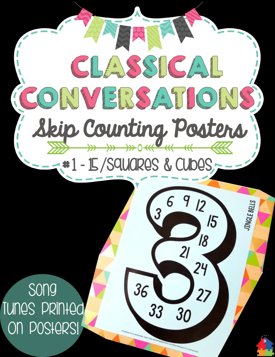 Classical Conversations skip counting posters #1-15, squares and cubes, with a poster of the number 3 and song tunes