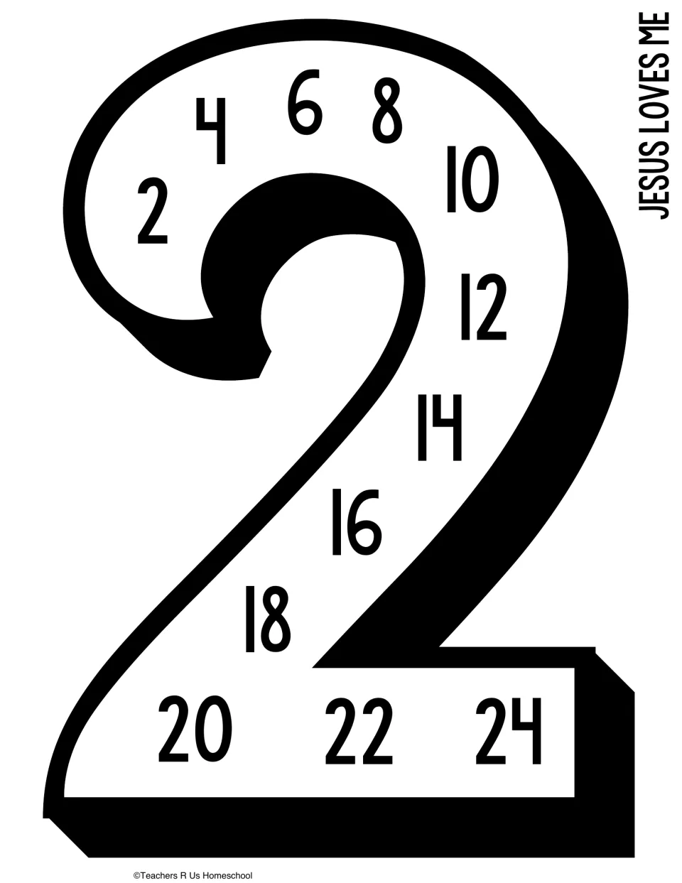 Skip counting by 2s poster in a large number 2, running 2 to 24 along the curve, labeled with the song Jesus Loves Me