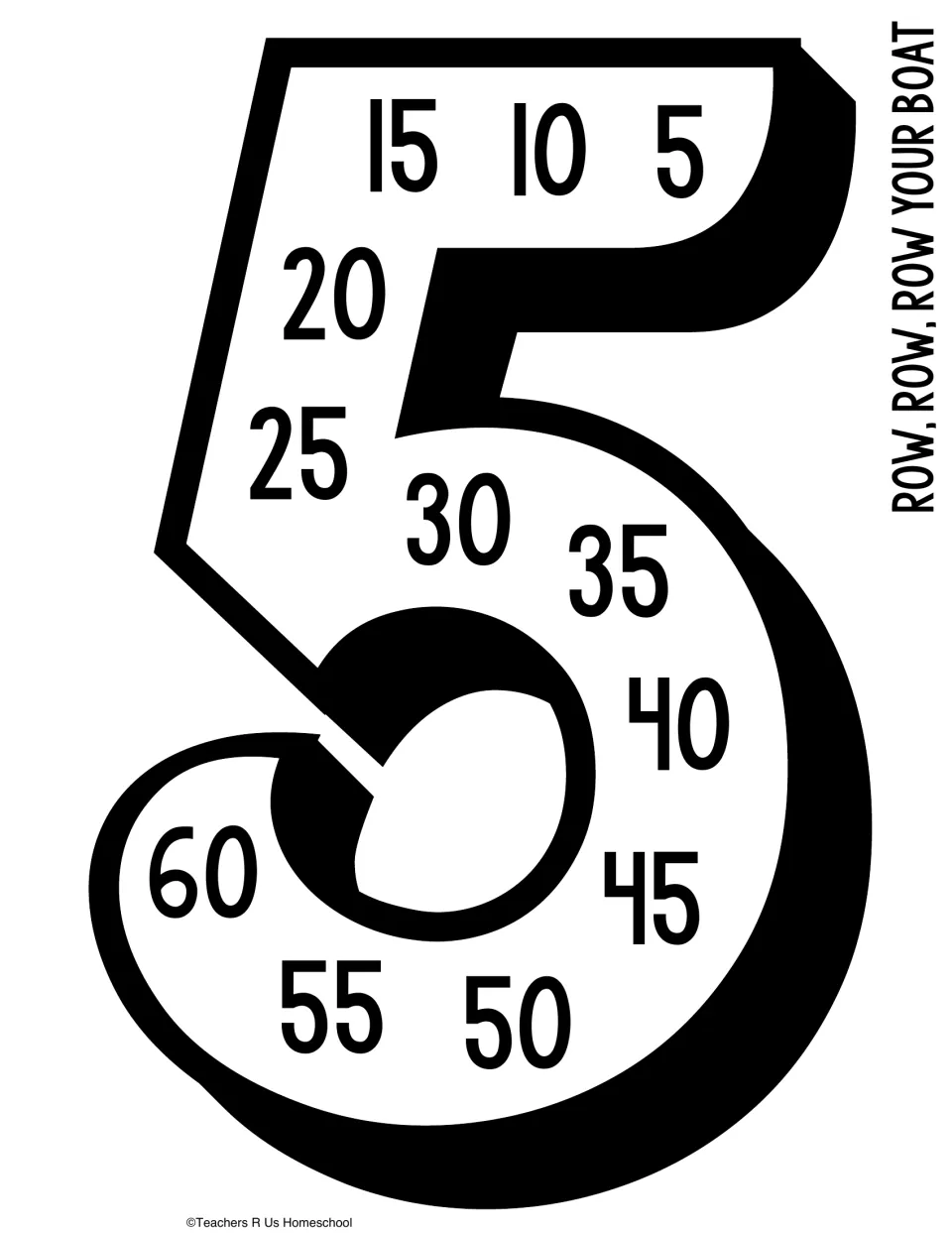 Skip counting by 5s poster in a large number 5, counting from 5 to 60, labeled with the song Row, Row, Row Your Boat