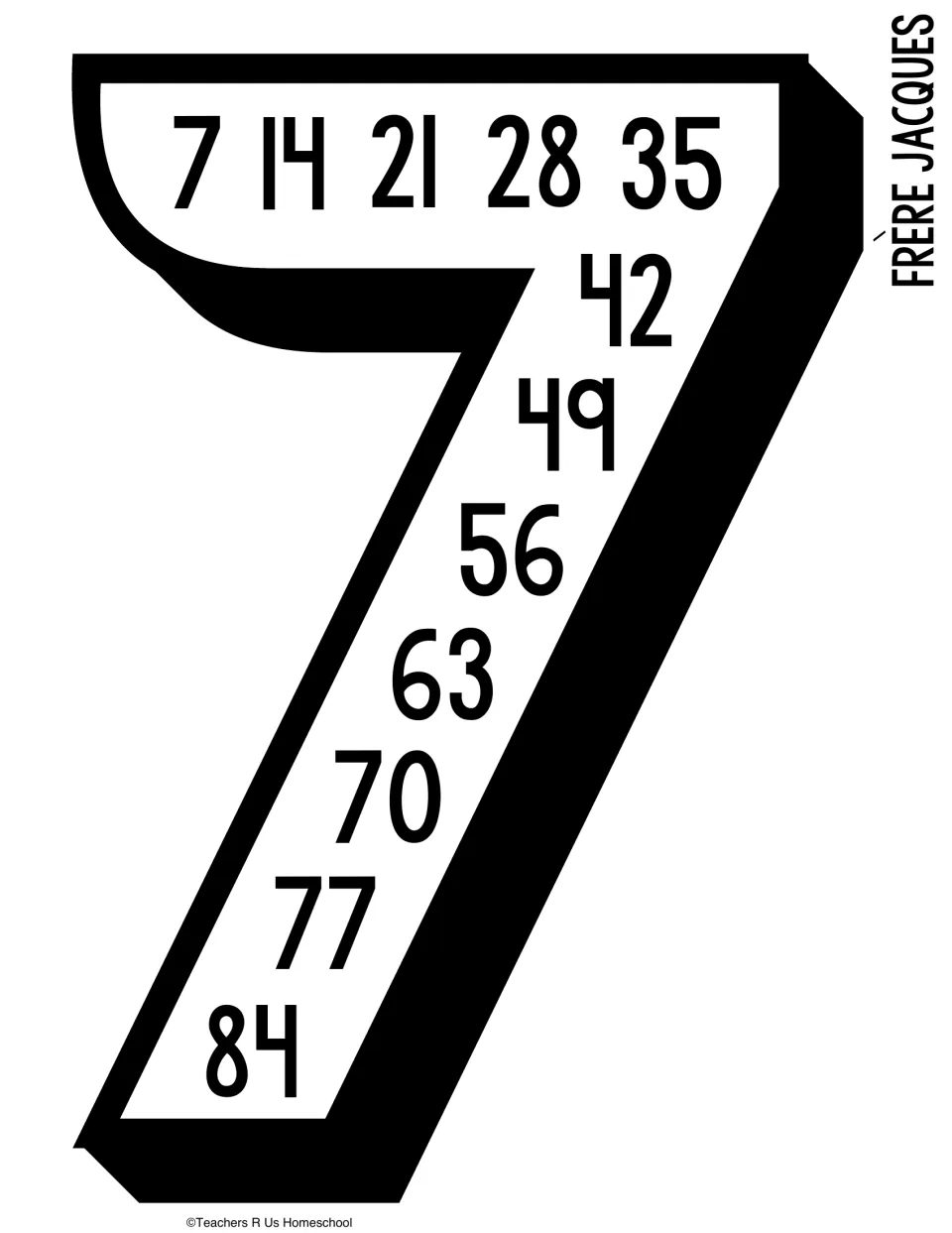Skip counting by 7s poster in a large number 7, counting from 7 to 84, labeled with the song Frère Jacques