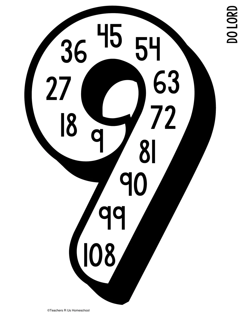 Skip counting by 9s poster in a large number 9, counting from 9 to 108, labeled with the song Do Lord