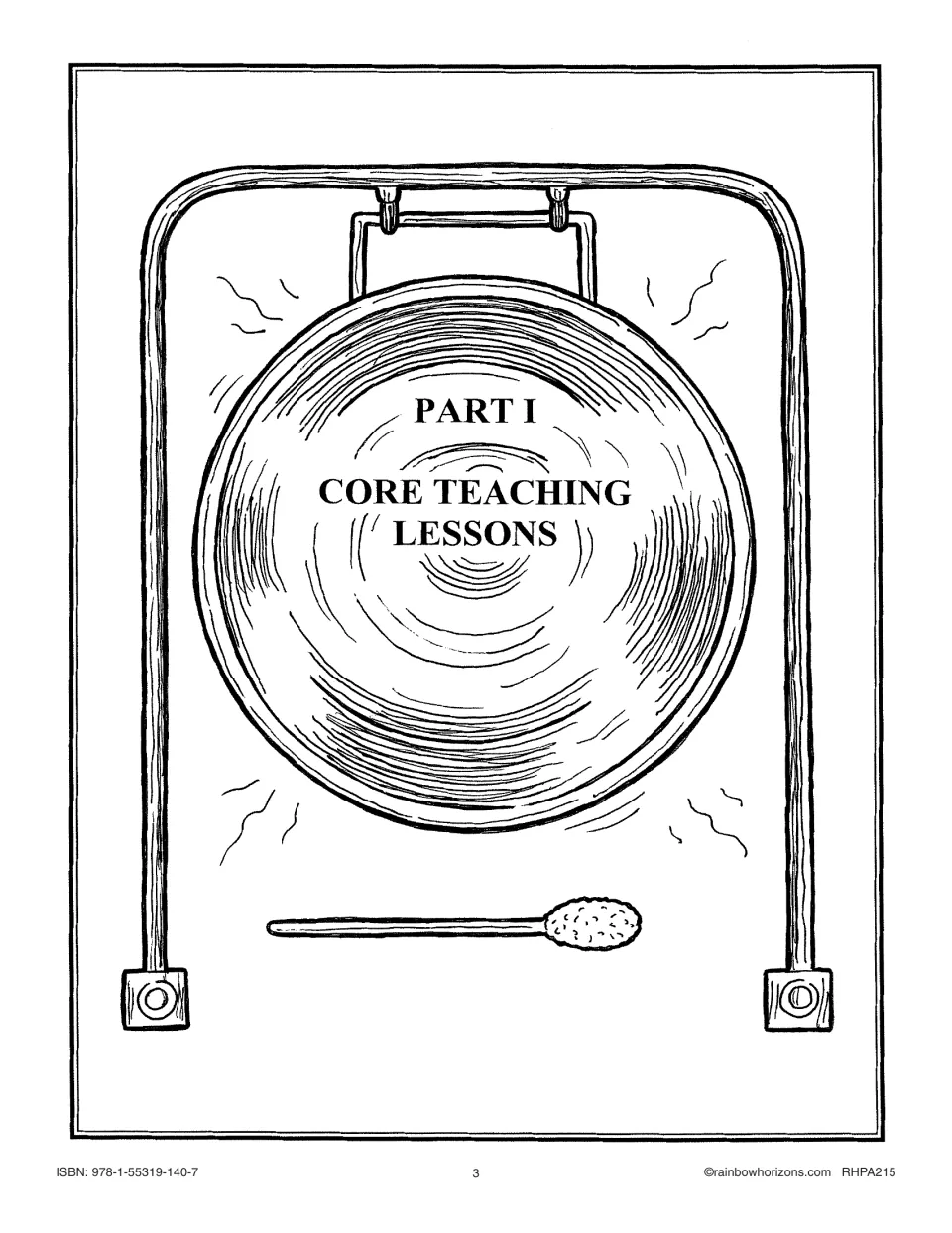Part I divider page titled 'Core Teaching Lessons,' shown on a drawing of a gong with a mallet