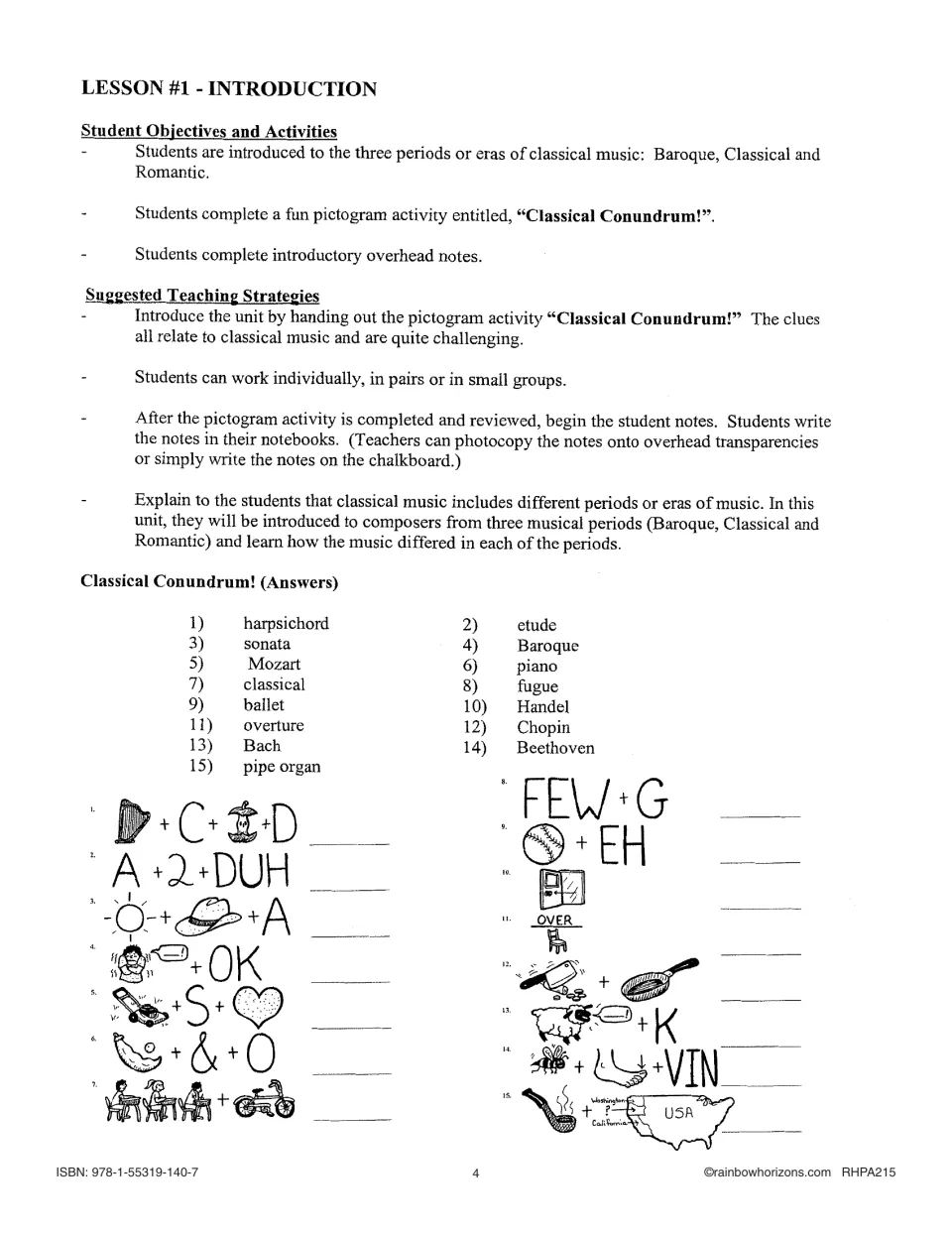 Lesson 1 plan on the Baroque, Classical and Romantic eras, with all 15 Classical Conundrum answers