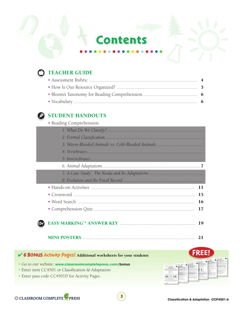 Contents lists teacher guidance, the adaptations lesson, hands-on activities, puzzles, quiz, answer key, and posters