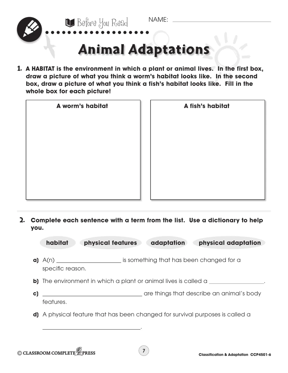 Prereading activity asks students to draw worm and fish habitats and complete four adaptation vocabulary sentences