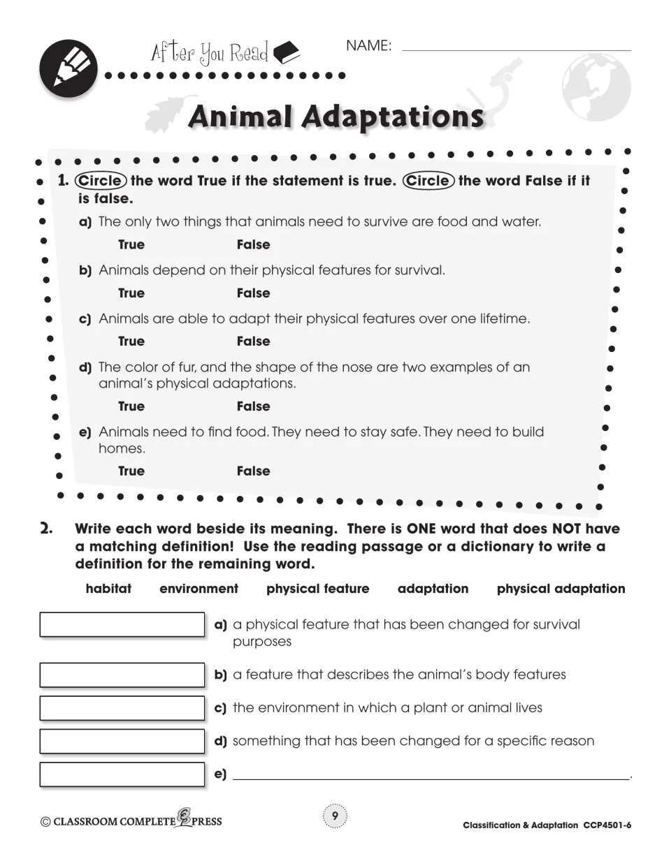 After-reading practice includes five true-or-false statements and vocabulary matching about habitats and adaptations