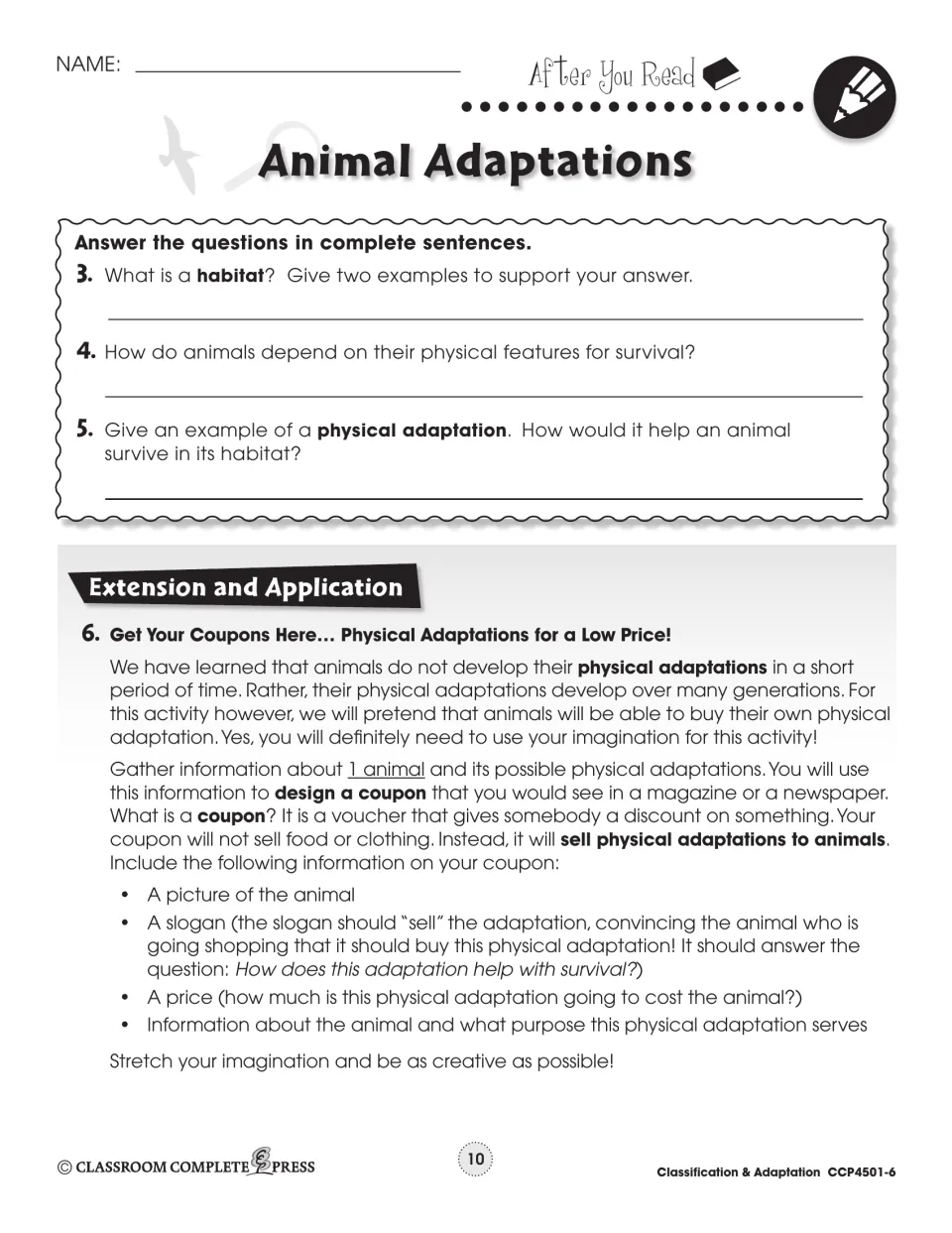 Follow-up questions address habitats and survival; an extension asks students to design an animal adaptation coupon