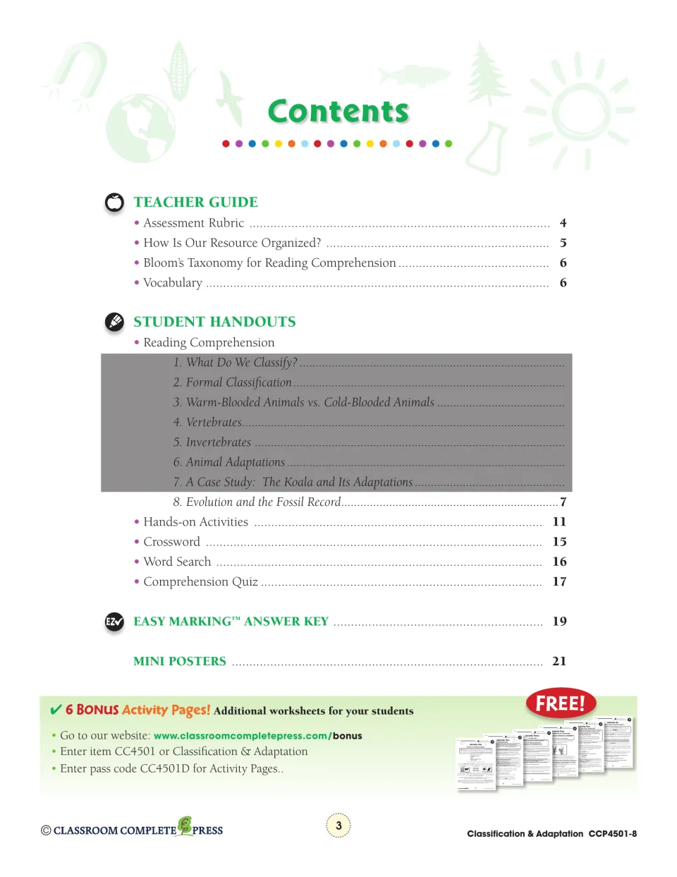 Contents identify the included evolution chapter, teacher guide, hands-on activities, puzzles, quiz, and answer key