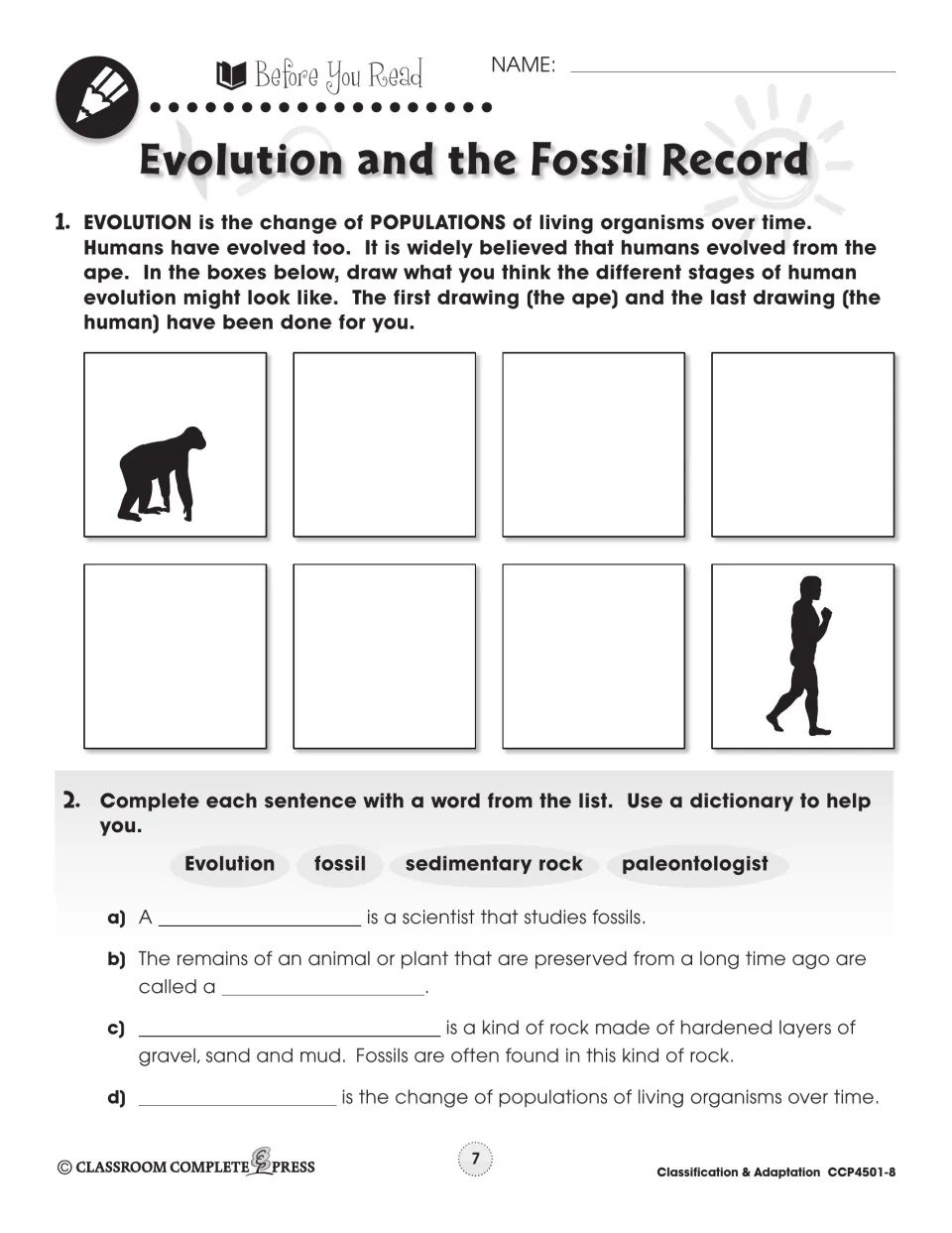 Prereading activities ask students to draw imagined human evolution stages and complete four vocabulary sentences