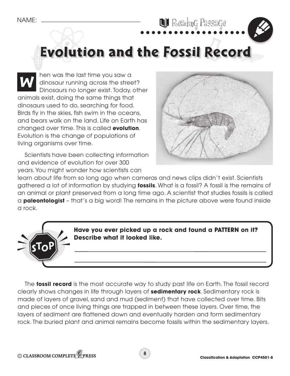 Reading passage introduces evolution, fossils, paleontologists, and sedimentary rock, with a fossil photograph